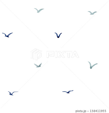 Minimal bird seamless pattern with flying silhouettes on white background, hand painted watercolor illustration. Light airy repeat design ideal for fabric, wallpaper, wrapping paper, packaging decor 138411955