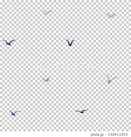 Minimal bird seamless pattern with flying silhouettes on white background, hand painted watercolor illustration. Light airy repeat design ideal for fabric, wallpaper, wrapping paper, packaging decor 138411955