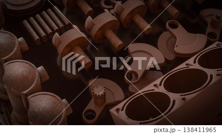 Engine Cylinder Block And Pistons Mechanical Parts 3d render. Engine Cylinder Block And Pistons Mechanical Parts 3d render. 138411965