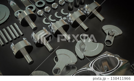 Shiny Engine Cylinder Block And Pistons Mechanical Parts 3d render. Shiny Engine Cylinder Block And Pistons Mechanical Parts 3d render. 138411966