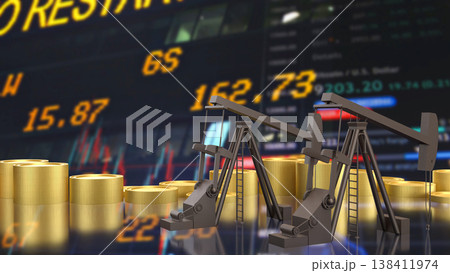 Oil Pump Jack With Stock Market And Gold Coins Concept 3d render. Oil Pump Jack With Stock Market And Gold Coins Concept 3d render. 138411974
