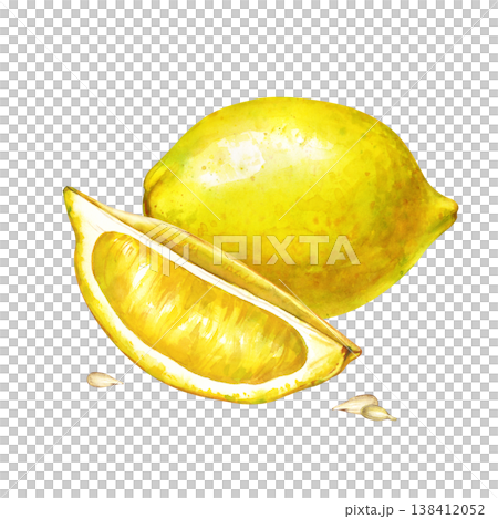 Watercolor lemon fruit with juicy slice and seeds, isolated on white background. Illustration for lemonade or food design. Watercolor lemon fruit with juicy slice and seeds, isolated on white background. Illustration for lemonade or food design. 138412052