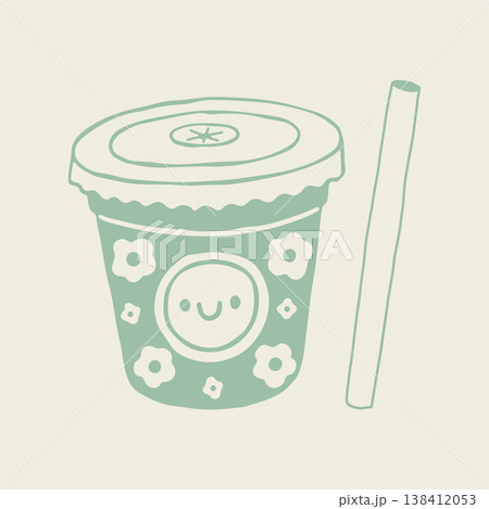 Hand drawn vector of a cute iced coffee takeaway cup with a smiley face and a separate drinking straw. Minimalist line art beverage illustration with small flowers for cafe and summer designs 138412053