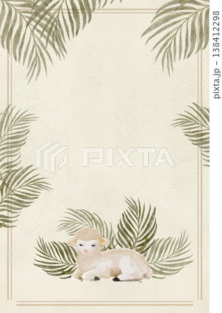 Poster template with lamb and palm leaves, hand-painted watercolor, calm Christian composition for Easter design, faith branding, textiles, packaging, stationery, seasonal backgrounds. Natural tones 138412298