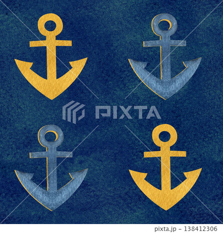 Anchor blue gold watercolor seamless pattern on blue. Hand painted art perfect for cards, wrapping paper, packaging, tickets, stationary tourism, travel, voyage design. Monochromatic clip art Anchor blue gold watercolor seamless pattern on blue. Hand painted art perfect for cards, wrapping paper, packaging, tickets, stationary tourism, travel, voyage design. Monochromatic clip art 138412306