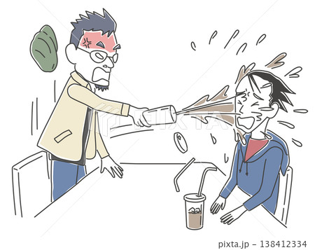 打ち合わせの席で怒って担当者にコーヒーをぶちまける男性のイラスト 138412334