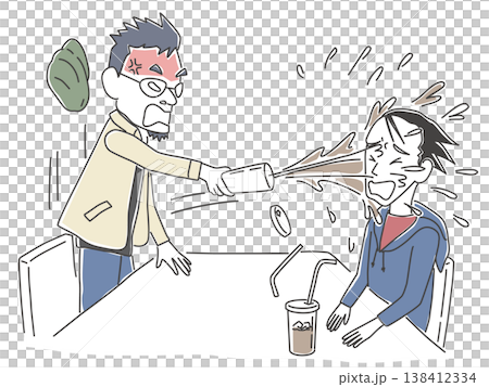打ち合わせの席で怒って担当者にコーヒーをぶちまける男性のイラスト 138412334