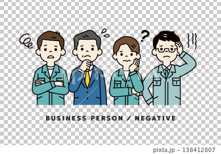 A set of vector illustrations featuring the upper bodies of a businessman with a troubled expression and pose, and several male and female workers. A set of vector illustrations featuring the upper bodies of a businessman with a troubled expression and pose, and several male and female workers. 138412807