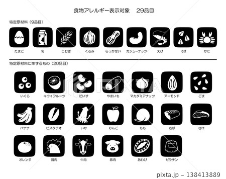 食品アレルギー表示29品目　モノクロアイコン 138413889
