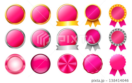 ショッキングピンクの円形ラベルとリボン装飾セット｜光沢感のあるデザイン素材 138414046