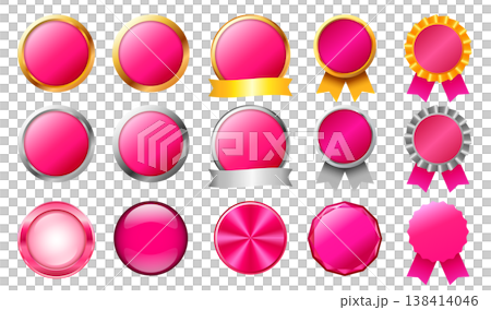 ショッキングピンクの円形ラベルとリボン装飾セット｜光沢感のあるデザイン素材 138414046