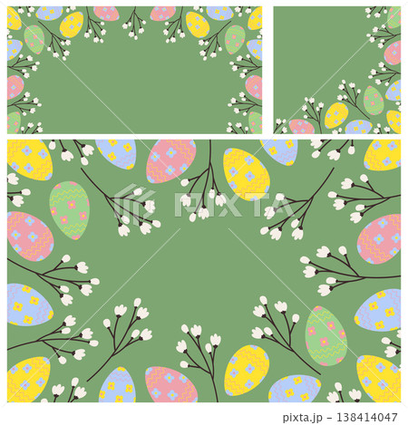 Social media post templates of Easter Eggs and sprigs Top, Corner and Rectangular Frame border Set. Copyspace. Vector illustration Easter Holiday promo post template, banner, leaflet, label, price tag Social media post templates of Easter Eggs and sprigs Top, Corner and Rectangular Frame border Set. Copyspace. Vector illustration Easter Holiday promo post template, banner, leaflet, label, price tag 138414047