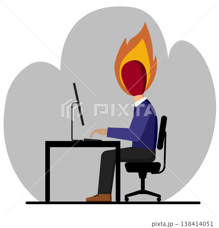 An office worker with flaming head use a PC computer on desk. Vector illustration burnout concept. 138414051
