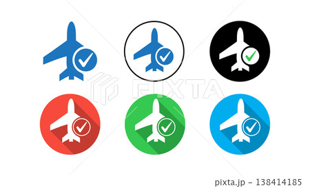 Airplane Approval Icon Set With Checkmark Buttons Travel Verified Flat Design Badges 138414185
