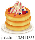 皿にのったフルーツとホイップクリームのパンケーキイラスト（木苺・ブルーベリー） 138414285