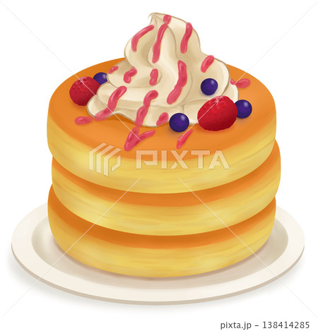 皿にのったフルーツとホイップクリームのパンケーキイラスト(木苺・ブルーベリー) 皿にのったフルーツとホイップクリームのパンケーキイラスト(木苺・ブルーベリー) 138414285