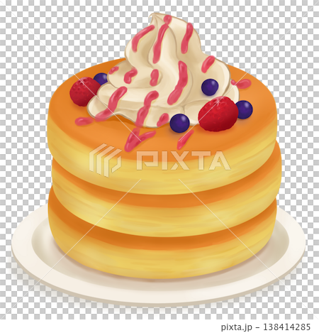 皿にのったフルーツとホイップクリームのパンケーキイラスト(木苺・ブルーベリー) 皿にのったフルーツとホイップクリームのパンケーキイラスト(木苺・ブルーベリー) 138414285