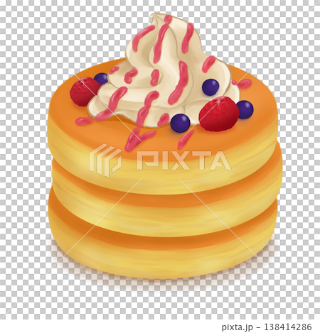 Illustration of pancakes with fruit and whipped cream (raspberries and blueberries) 138414286