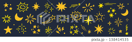 Star gold sticker icon collage set. Star icon sketch hand drawn line brush crayon texture vintage background. Cute kid magic twinkle sparkle, glow moon, space figure. Vector Star gold sticker icon collage set. Star icon sketch hand drawn line brush crayon texture vintage background. Cute kid magic twinkle sparkle, glow moon, space figure. Vector 138414535