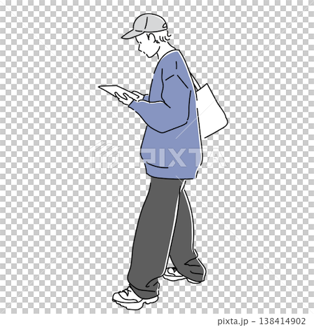 Tokyo Fashion Snap: Street Style Men's Oversized Outfits, Illustration of a Man Checking Directions on a Tablet Tokyo Fashion Snap: Street Style Men's Oversized Outfits, Illustration of a Man Checking Directions on a Tablet 138414902