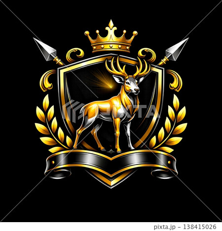 Prestigious stag crest emblem with crown, shield, laurel branches, and crossed spears. A regal design ideal for luxury branding, heraldry, or logo identity.  138415026