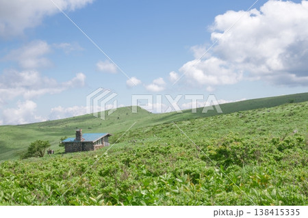 緑豊かな大平原と山小屋、青空と白い雲、夏の風景 緑豊かな大平原と山小屋、青空と白い雲、夏の風景 138415335