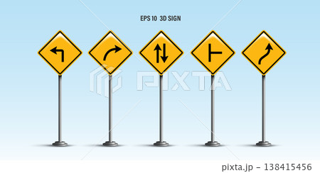 Set of 3D yellow diamond traffic warning signs on metal poles against blue sky. Directional arrows including left turn, right curve, two-way, and T-junction. EPS 10 vector illustration. Set of 3D yellow diamond traffic warning signs on metal poles against blue sky. Directional arrows including left turn, right curve, two-way, and T-junction. EPS 10 vector illustration. 138415456