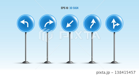Set of 3D blue circular traffic signs with white arrows on metal poles. Mandatory directional symbols for left turn, curve, keep left, and straight or right. EPS 10 vector illustration. Set of 3D blue circular traffic signs with white arrows on metal poles. Mandatory directional symbols for left turn, curve, keep left, and straight or right. EPS 10 vector illustration. 138415457