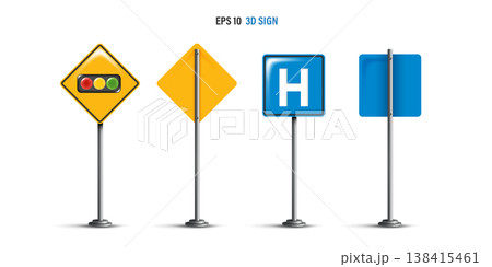 Set of 3D realistic traffic signs on metal poles. Yellow diamond warning sign with traffic lights and blue square hospital information sign with blank back views. EPS 10 vector illustration. 138415461