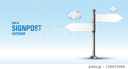 3D blank white directional signpost with left and right arrows on metal pole against light blue sky and fluffy clouds. EPS 10 vector illustration for outdoor navigation, travel and choice concepts. 138415464