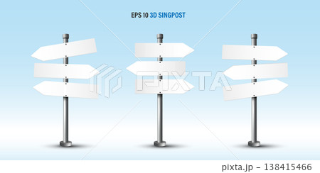 3D blank white directional signpost set with left and right arrows on metal pole against light blue sky and clouds. EPS 10 vector illustration template for outdoor navigation and choice concepts. 138415466
