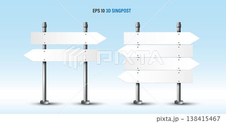 3D blank white directional signpost set with left and right arrows on metal pole against light blue sky and clouds. EPS 10 vector illustration template for outdoor navigation and choice concepts. 3D blank white directional signpost set with left and right arrows on metal pole against light blue sky and clouds. EPS 10 vector illustration template for outdoor navigation and choice concepts. 138415467