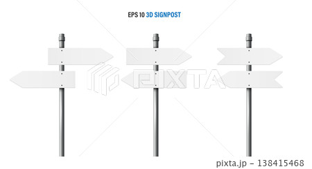 Collection of 3D blank white directional signposts with different arrow pointing designs on metal poles isolated on a white background. EPS 10 vector illustration templates for navigation and choice. 138415468