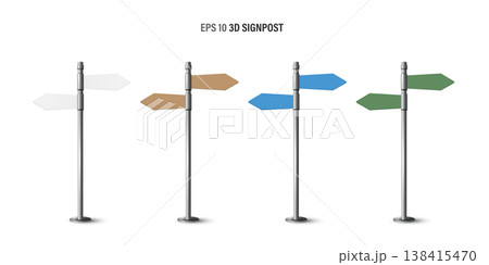Collection of 3D blank directional signposts in white, brown, blue, and green colors on metal poles isolated on a white background. EPS 10 vector illustration templates for choice and navigation. 138415470