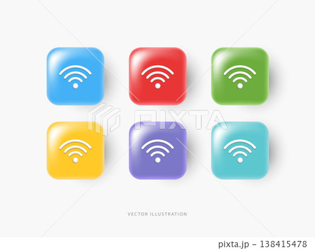 Set of colorful 3D square glossy Wi-Fi signal icons. Wireless internet connection sign, network communication technology symbol, app button element isolated on white background vector illustration. Set of colorful 3D square glossy Wi-Fi signal icons. Wireless internet connection sign, network communication technology symbol, app button element isolated on white background vector illustration. 138415478