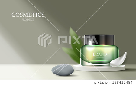 Natural green cosmetic skincare product jar mockup on white podium with fresh leaves, zen stone, and cream smear. 3D render beauty presentation background with soft sunlight and window shadow effect. Natural green cosmetic skincare product jar mockup on white podium with fresh leaves, zen stone, and cream smear. 3D render beauty presentation background with soft sunlight and window shadow effect. 138415484