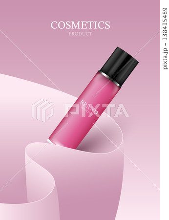 Minimal pink cosmetic bottle mockup resting on curved pastel pink paper geometry. 3D render beauty skincare product presentation against elegant soft background with premium studio lighting effect. Minimal pink cosmetic bottle mockup resting on curved pastel pink paper geometry. 3D render beauty skincare product presentation against elegant soft background with premium studio lighting effect. 138415489