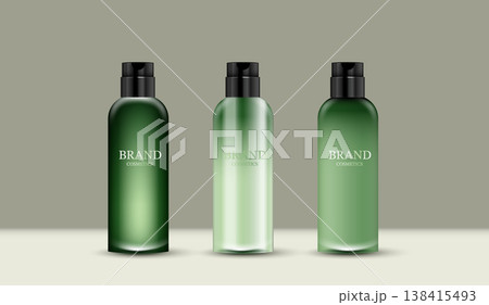 Three realistic green cosmetic bottle mockups with black caps for skincare, beauty product packaging design template. Blank lotion, shampoo, or toner containers on neutral background. 3D illustration. Three realistic green cosmetic bottle mockups with black caps for skincare, beauty product packaging design template. Blank lotion, shampoo, or toner containers on neutral background. 3D illustration. 138415493