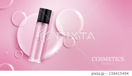 Realistic pink cosmetic bottle mockup with water drops and transparent bubbles. Blank skincare beauty product packaging banner template on pink background. 3D illustration. Realistic pink cosmetic bottle mockup with water drops and transparent bubbles. Blank skincare beauty product packaging banner template on pink background. 3D illustration. 138415494