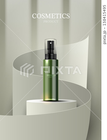 Green cosmetic spray bottle mockup standing on 3D podium with elegant curved background. Realistic blank skincare beauty product packaging presentation template. Vector illustration. Green cosmetic spray bottle mockup standing on 3D podium with elegant curved background. Realistic blank skincare beauty product packaging presentation template. Vector illustration. 138415495