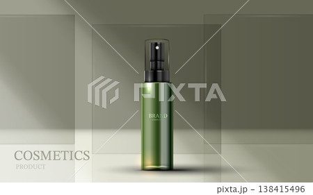 Green cosmetic spray bottle mockup on minimalist background with glass panels. 3D render of premium skincare product packaging for beauty advertising. Natural organic skin care serum dispenser. Green cosmetic spray bottle mockup on minimalist background with glass panels. 3D render of premium skincare product packaging for beauty advertising. Natural organic skin care serum dispenser. 138415496
