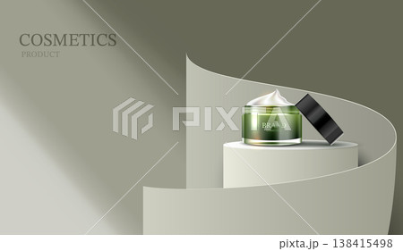 Luxury green cosmetic cream jar mockup on 3D cylinder podium with curved paper ribbon. Premium skin care beauty product presentation background. Anti-aging face moisturizer template illustration. 138415498