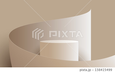 Abstract 3D cylinder podium stage with curved paper ribbon on pale sage green striped background. Minimalist empty geometric pedestal mockup for cosmetic beauty product presentation showcase. Abstract 3D cylinder podium stage with curved paper ribbon on pale sage green striped background. Minimalist empty geometric pedestal mockup for cosmetic beauty product presentation showcase. 138415499