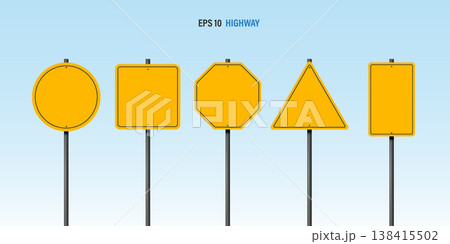 Blank yellow road signs set. Circle, square, octagon, triangle, and rectangle traffic warning templates on metal poles against blue sky. Vector highway information mockup with copy space. 138415502