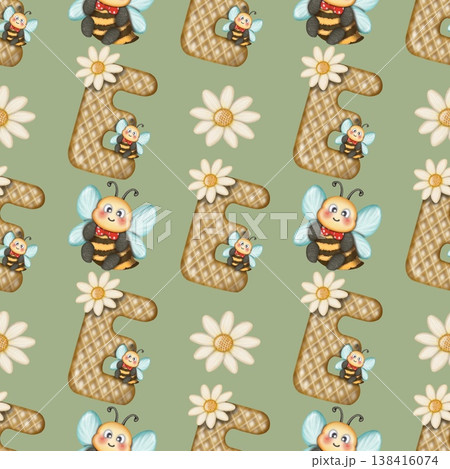 Seamless pattern Cute Bee collection in World bee day. Hand drawn watercolor illustration. For labels, paper, textiles on green background. Seamless pattern Cute Bee collection in World bee day. Hand drawn watercolor illustration. For labels, paper, textiles on green background. 138416074