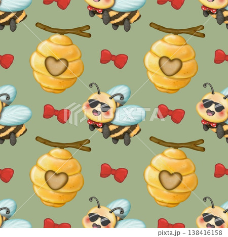 Seamless pattern Cute Bee collection in World bee day. Hand drawn watercolor illustration. For labels, paper, textiles on green background. Seamless pattern Cute Bee collection in World bee day. Hand drawn watercolor illustration. For labels, paper, textiles on green background. 138416158