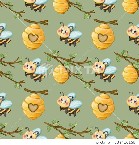 Seamless pattern Cute Bee collection in World bee day. Hand drawn watercolor illustration. For labels, paper, textiles on green background. Seamless pattern Cute Bee collection in World bee day. Hand drawn watercolor illustration. For labels, paper, textiles on green background. 138416159