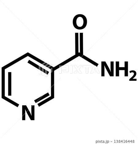 Nicotinamide molecular chemical formula icon. Chemical structure of Nicotinamide sign. Chemical structure of Niacinamide (c6h14o6) symbol. flat style. 138416448
