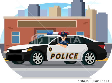 Police officer patrolling city in a police car Police officer patrolling city in a police car 138416453