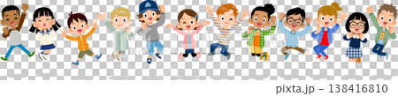 來自不同國家和種族的孩子們排成一隊跳躍。 138416810